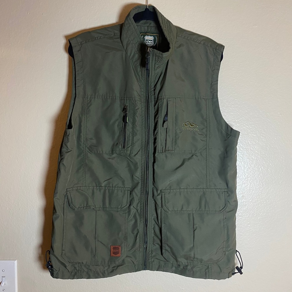 Outdoor Mens Vest Utility Travel Hiking Fishing Pockets Zipper Olive Green - Picture 3 of 14